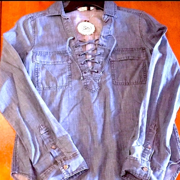 SO Tops - 🔴 CLEARANCE 🔖 NWT SO 100% COTTON DENIM JEAN LACE-UP LONG SLEEVE SHIRT TOP XS 2
